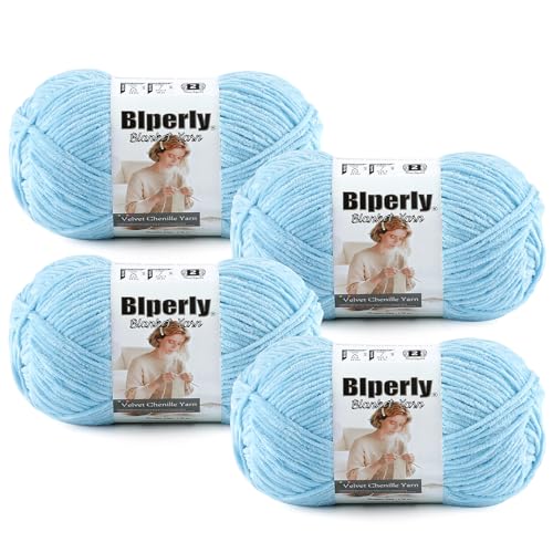 Image of Skinny Chenille Yarn for Crocheting, #2 Blue Thin Baby Blanket Plush Yarn | 4 Pack of 158 Yds, 1.7 Oz Sport Fingering Weight Fine Yarn, Soft Fluffy Velvet Yarn for Crochet knitting Blankets, Amigurumi