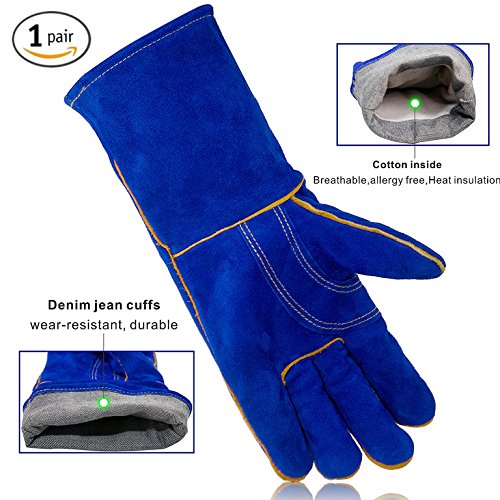 Kim Yuan Extreme Heat & Fire Resistant Gloves Leather With Kevlar Stitching,Mitts Perfect For Fireplace, Stove, Oven, Grill, Welding, Bbq, Mig, Pot Holder, Animal Handling 1Pair (16In-Blue) #TOP1