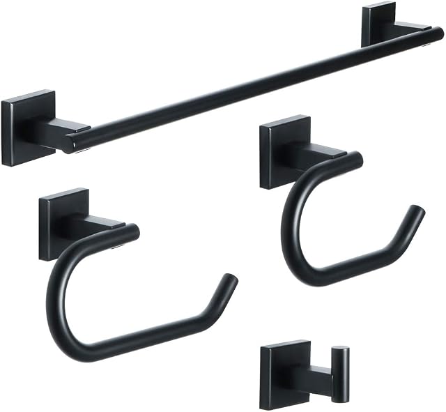 SAYAYO 4 Pieces Bathroom Accessory Set Towel Rail Toilet Paper Holder Towel Holder Robe Hook, SUS-304 Stainless Steel Bathroom Hardware Set Matte Black, EG9888-B4