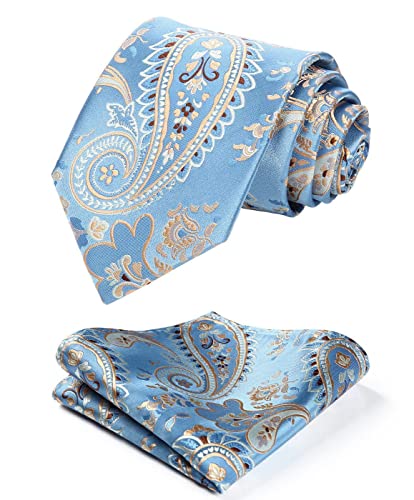 HISDERN Herren Krawatte Blumen Paisley Krawatte & Einstecktuch Set Blau Gold