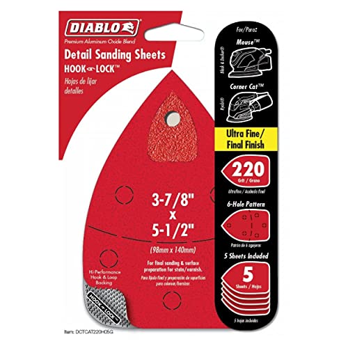 Image of Diablo Premium CAT /Mouse Detail Sanding Sheets with Hook & Lock - 220-Grit, Ultra Fine Grit, 3-7 /8 inch x 5-1 /2 inch, 6 Holes, 5-Pack - DCTCAT220H05G