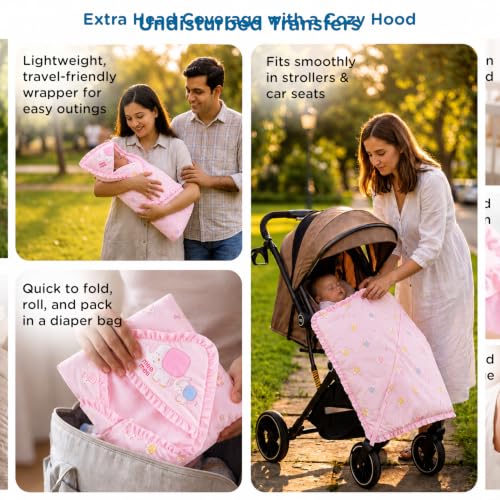 Image of Mee Mee 3-in-1 Baby Wrapper & Carry Nest for Newborns | Soft Breathable Cotton Swaddle with Hood and Cushion | Adjustable Tie-Up Design | Lightweight, Cozy & Easy to Carry (0-6 Months) (Pink)