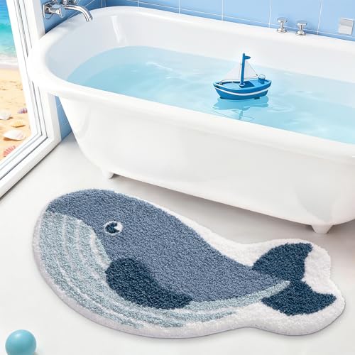 Image of LUMI Cute Animal Bathroom Rugs, Plush Absorbent Bath Mats for Bathroom, Non-Slip Backing Washable Bath Mat, Ideal for Shower Sink Bathtub Room Decor, 24"x43", Deep Whale