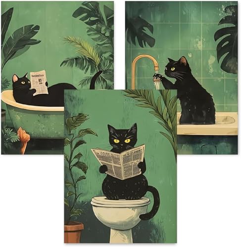 3Pack Bathroom Cat Diamond Art Kits for Adults Beginners, Full Round Drill Cats DIY Funny Animal Diamond Painting Kits, Paint by Diamonds Dot Gem Art Crystal Easy, Home Wall Teens Decor&Gift-12x16in