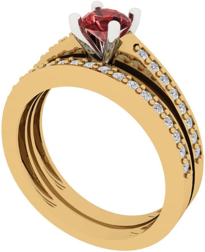 Clara Pucci Garnet Solitaire with Accents 14K Yellow/White Gold Ring & Zirconia Stacking Band Anniversary Set (0.86 cttw, 5mm, Round Cut)
