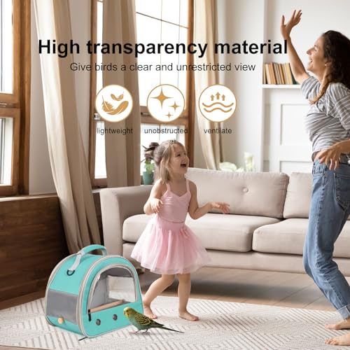 Image of Bird Carrier, Portable Small Bird Parrot Parakeet Carrier with Standing Perch and Stainless Steel Tray, Side Access Window Collapsible (Green, Horizontal Perch)