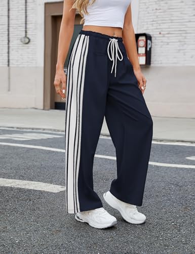 Bankeng Womens Side Striped Pants Wide Leg Drawstring High Waist Sweatpants Hudson Canyon Stripe Pants(Navy,Medium) — view 5