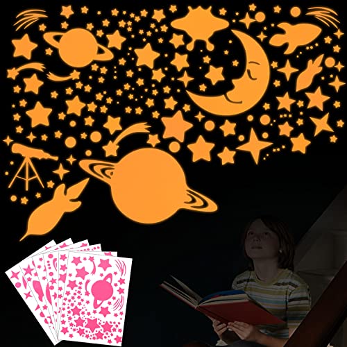 270 Stück Leuchtsterne Wandsticker für Kinderzimmer Leuchtende Planet Wandsticker Selbstklebend Sterne & Mond Sternenhimmel Leuchtaufkleber Wandtattoos für Kinder Schlafzimmer Geschenke (Rosa) Cover
