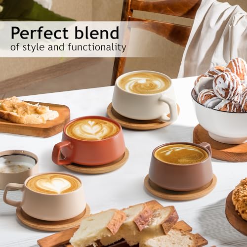 MIAMIO, 320 ml, Set of 4 Ceramic Tea Cup and Saucer Bamboo/Tea Mug, Wide Cappuccino Cup - Image 2