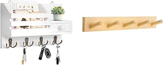 White Key Holder with Drawer and Wooden Coat Rack 1 Pcs