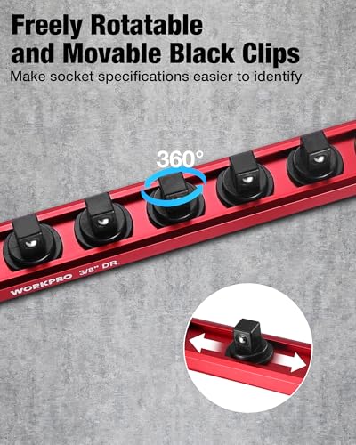 Image of WORKPRO Magnetic Socket Organizer, 3 /8 inch Drive Aluminum Alloy Socket Holder with 10PC Removable Clips for Quick Customization, Sockets Rail for Tool Box Drawer (Sockets Not Included)