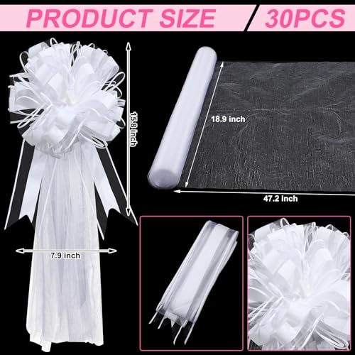 Lyrow 30 Set Large White Wedding Pew Bows Tulle Bows with 47 Fabric Tulle Church Wedding Chair Aisle Decorations for Bridal Shower Reception Birthday Ceremony Mother\'s Day(White) - Thumbnail 2