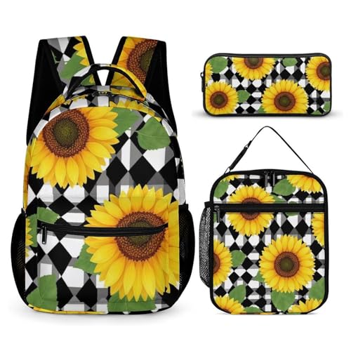 Backpack Bookbag Set Backpack with Lunch Box and Makeup Bag Travel Bookbag Daypack Set (Black And White Checkered Sunflower)