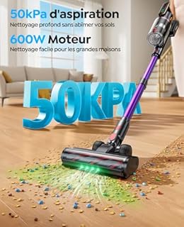 Fieety 50kPa/600W Aspirateur Balai sans Fil, 65Min Aspirateur sans Fil Puissant avec Brosse pour Animaux Tuyau Recharge Murale Mode Automatique Parfumé pour Poils d’Animaux Tapis Sols Durs et Voiture