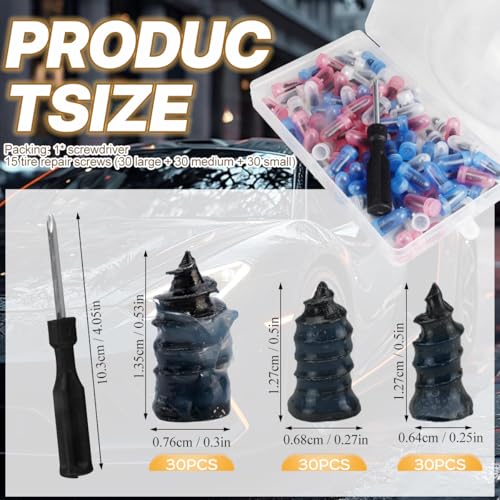 Image of Tire Plug Screws Kit Tire Repair Rubber Studs with Screwdriver 3 Size Mending Nail Plugs Tyre Repair 90 Pieces