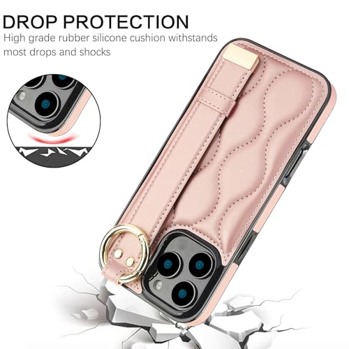 Coque iPhone 16 Pro Max or rose avec dragonne et anneau support rotatif