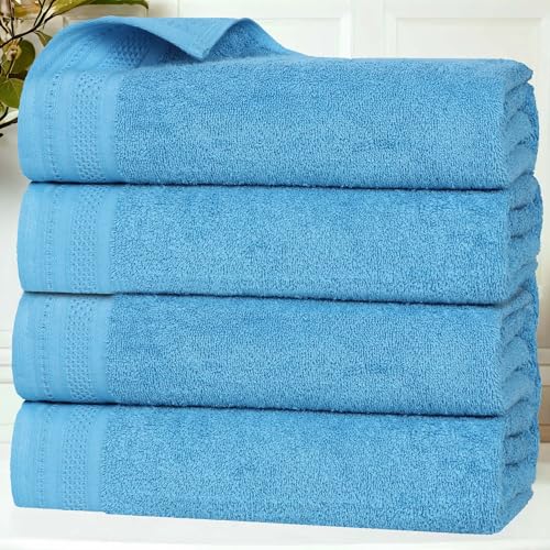 SUPERIOR Honeycomb Cotton Medium Weight Towels, for Guest Bath, Master Bathroom, Shower, Quick Dry, Adults, Home Essentials, Textured Waffle Border, Towel Set, Bath Towels, Set of 4, Azure