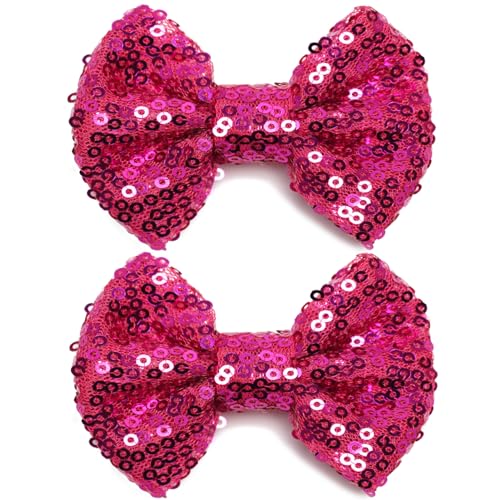 KISZU 3 Inch Glitter Hair Bows Clips, Sparkling Sequin Little Bow HairPins for Baby Girls Children Teens and Women (Rose Red)