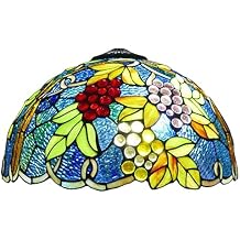 Tiffany Style Mediterranean Grapes Stained Glass Lampshade Replacement, Crystal Beads Green Leaf Blue, 16" Round, Multicolor, Glossy Finish, Floral Pattern, For Floor, Table, Pendant Lamps