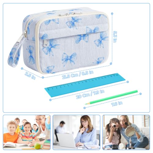 Image of WOBAGMEN Cute Pencil Case,Large Corduroy Zippered Pencil Case Pouch, aesthetic Pencil Bag with Compartments(Blue Bow)