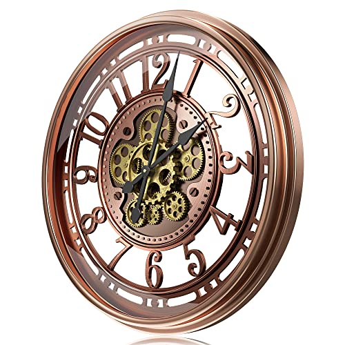 21 inch Large Wall Clock with Real Moving Gears, Battery Operated Modern Metal Decorative Wall Clock, Oversize Industrial Steampunk Wall Clock for Living Room Decor（Vintage Red Bronze Arabic）