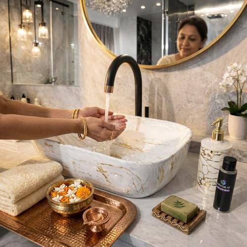 Image of Ceramic Tabletop Wash Basin - Glossy Rectangular Countertop Vessel Sink with Marble Finish for Bathroom & Vanity | Compact 18 x 13 x 5 Inch | Elegant Washbasin
