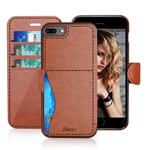 iPhone 8 Plus/iPhone 7 Plus Leather Wallet Case with Metal Magnetic, Slim Fit and Heavy Duty, TAKEN DIRECT Plastic Flip Case/Cover with Rubber Edge, for Women, Men, Boys, Girls, 5.5 Inch Brown