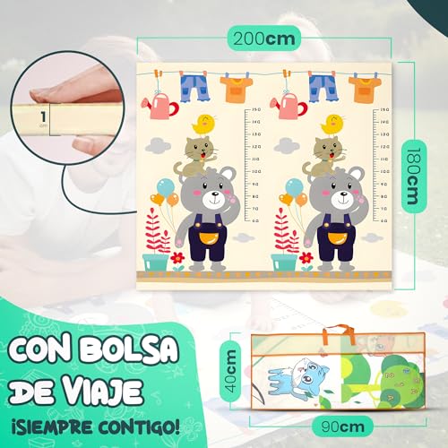 Babybaipro – Tapete para Bebé Acolchoado Dobrável 200x180x1 cm, com Bolsa de Transporte Reversível XPE, Impermeável, Não Tóxico, Tapete para Jogos e Atividades, Presente para Menina/Menino