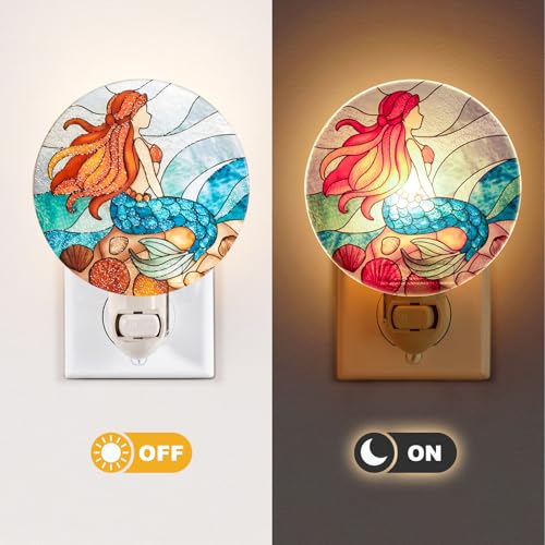 Image of Coastal Night Light Little Mermaid Plug in Wall Girls Room Bathroom Ocean Theme Made with Real Glass, Bulb Included, Manual On & Off