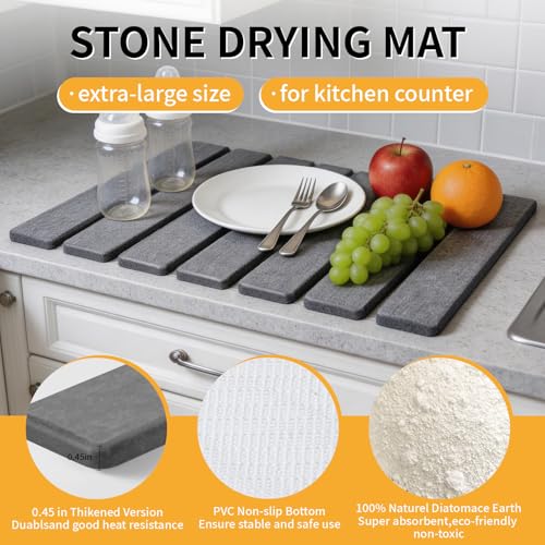 Image of Stone Dish Drying Mat for Kitchen Counter, 16''x12'' Quick Dry Stone Dishes Mats Foldable Foldable Water Absorbing Diatomaceous Earth Drying Organizer Pad for Dishes Utensils Bottles(Dark Gray)