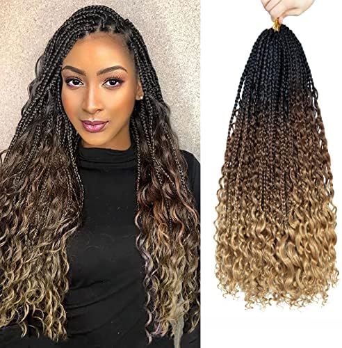 18 Inch 8 Packs Black and Auburn Brown with Auburn Blonde Goddess Box Braids Crochet Hair for Women Black, Crochet Box Braids Pre looped Boho Box Braids Crochet with Curly Ends, Pre looped Synthetic Braiding Hair Bohemian Hippie Braids Hair Extensions(18 inch, T1B/30/27)