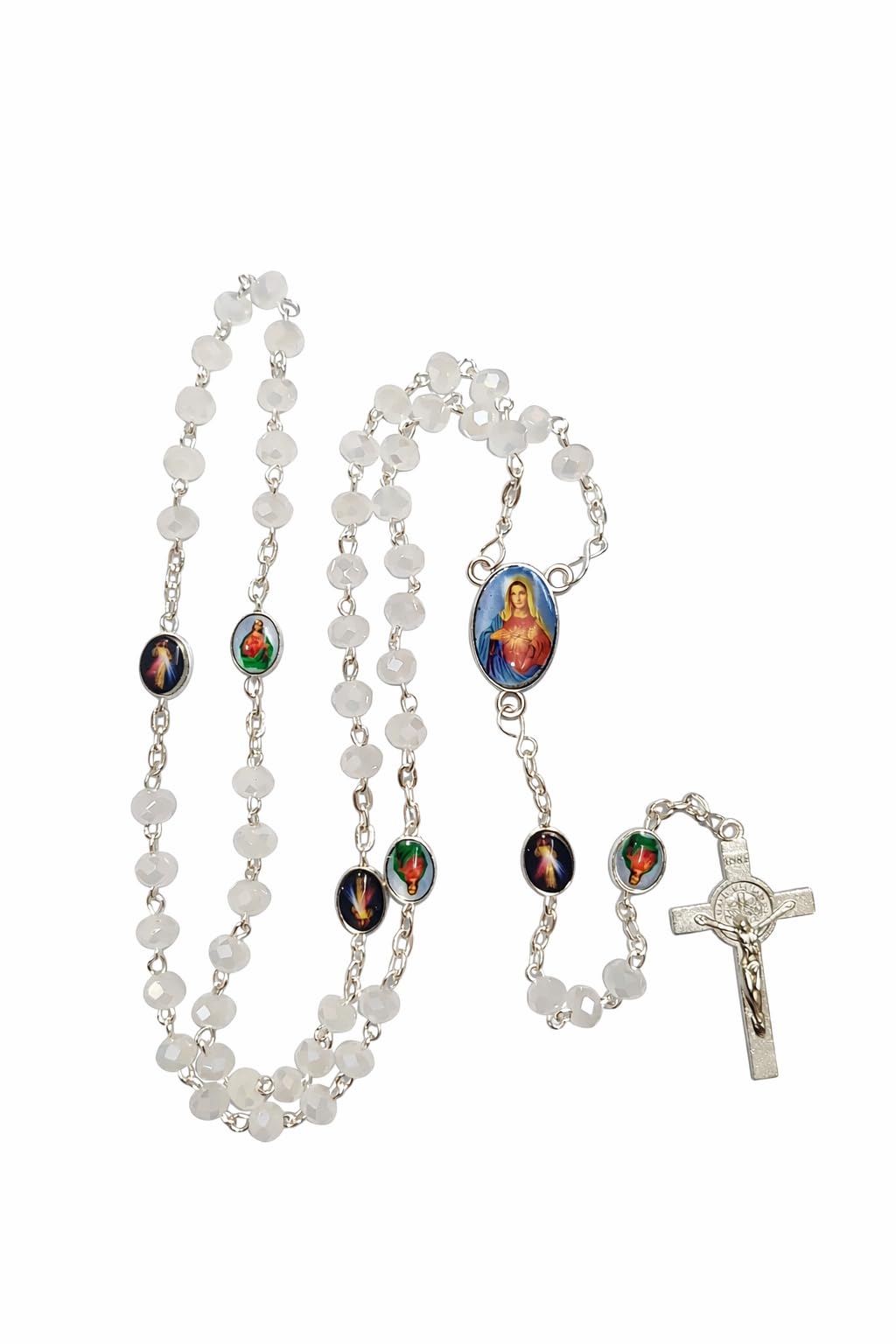 serah Divine Mercy & Sacred Heart Rosary – Immaculate Heart of Mary White Crystal 6mm Bead Catholic Prayer Rosary with Silver Crucifix, Traditional Devotional Gift for Church & Daily Prayer-image-5