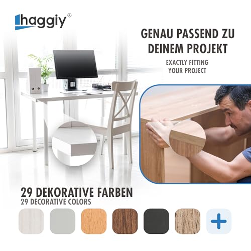 haggiy Melaminkanten-Band selbstklebend 18mm x 5m I Kantenband I Möbelkantenband I Sicherer Halt ohne Bügeln I Kantenumleimer I Furnier für Regalbretter/Holzplatten (Weiß)