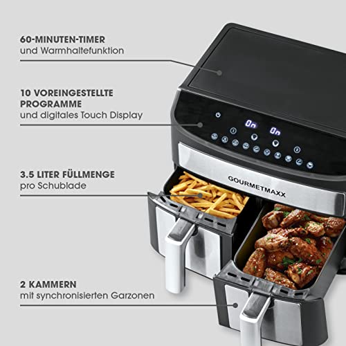 GOURMETmaxx Doppelkammer-Heißluftfritteuse 2x 3,5L - Edelstahl | Airfryer mit Synchro-Garzonen, Timerfunktion & Touchdisplay | energiesparend frittieren | 10 Programme | 2400 Watt – Bild 5