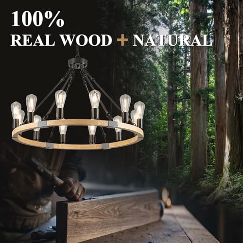Image of Natural Wooden Wagon Wheel Chandelier 12-Light 31.5 inch Light Fixture