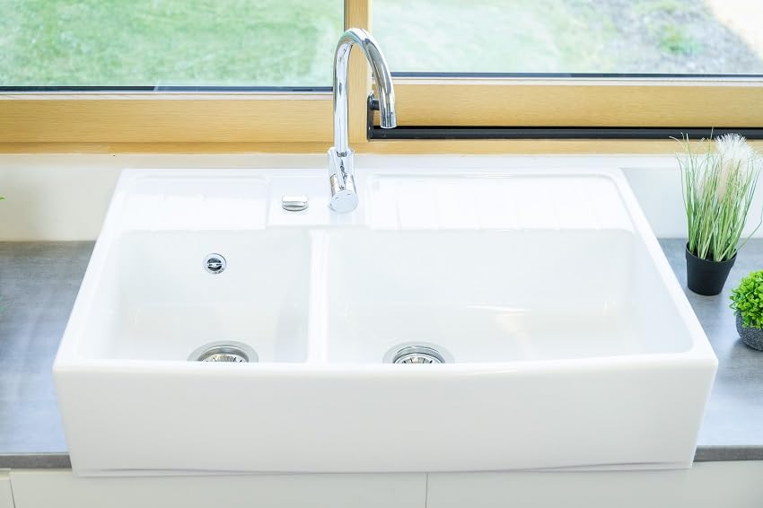 Évier Céramique Timbre d'Office 2 Bacs Country Blanc 90cm en Grès Fin Émaillé