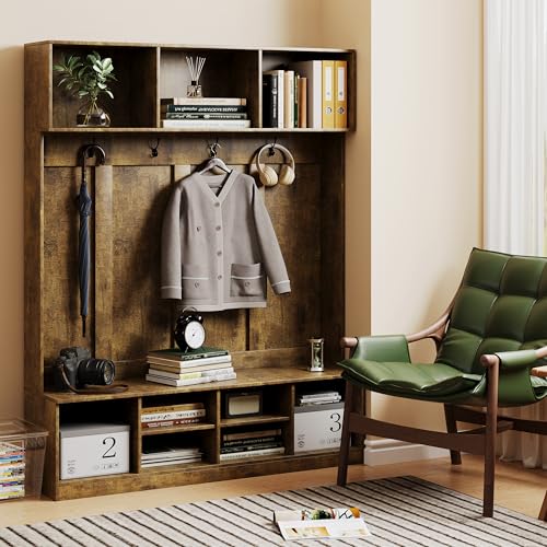 HAOBO Home Hall Tree with Bench and Shoe Storage, Entryway Bench with Coat Rack, Adjustable Shoe Cubbies, Open Shelves and Hanging Hooks, Mudroom Hallway Storage Cabinet