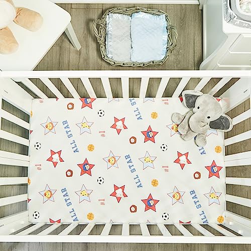 Image of 2 Pack n Play Mattress Sheets - 100% Percale Weave Cotton Soft Portable Crib Mattress Sheets for Boys with Jungle Sports and Solid Blue Design; 2 Pc Playpen Mattress or Mini Crib Sheet Fitted Set