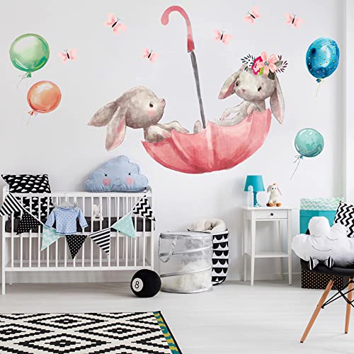 Dessin animé lapin ballon papillons parapluie Stickers muraux pour enfants bébé filles garçons chambre pépinière mignon lapin Animal papier peint décor à la maison Cover