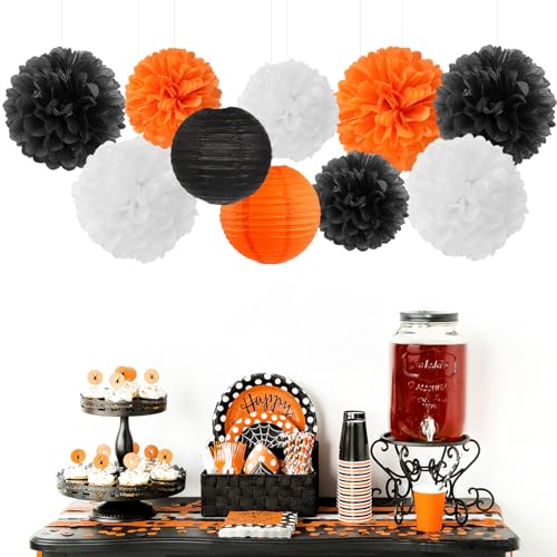 Image of Orange-Black White Party-Decorations Paper-Flowers Lanterns - 15PCS Halloween Tissue Pom Poms Streamers,Vintage Baby Bridal Shower Birthday Bachelorette Wedding Hanging Supplies Decor Hugfond
