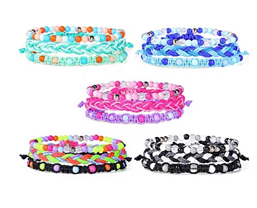 Pulsera trenzada de cuerda de la amistad bohemia, 15 piezas, ajustable, hecha a mano, multicapa, cordón de muñeca colorido, para mujeres, hombres, niños, rosa, azul, morado, negro, colorido Cover