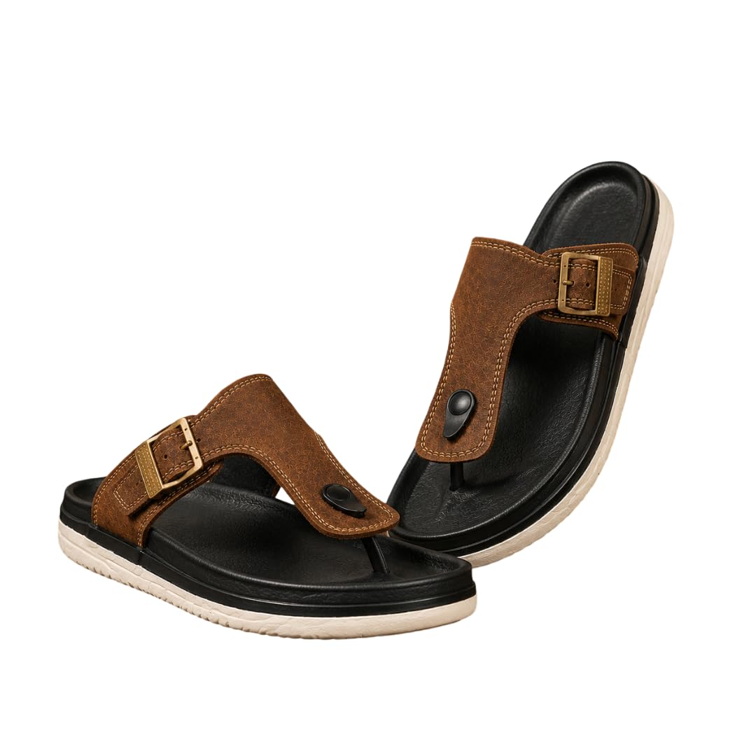 Men's Thong Sandal with Buckle Strap, Brown Faux Leather Upper, Casual Slip-On Style-image-39