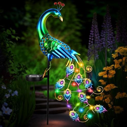 Paon Solaire Décoratif Avec Lumières LED – Sculpture éolienne Métal Et Verre, étanche IP65