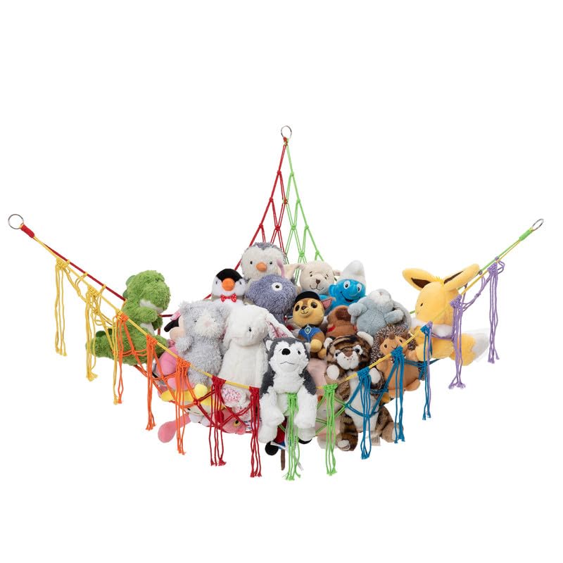 Image of Stuffed Animal Storage Macrame Hammock, Large - Boho Room Decor Toy Storage - Corner Hanging Plushie Stuffed Animal Net Organizer (Rainbow)