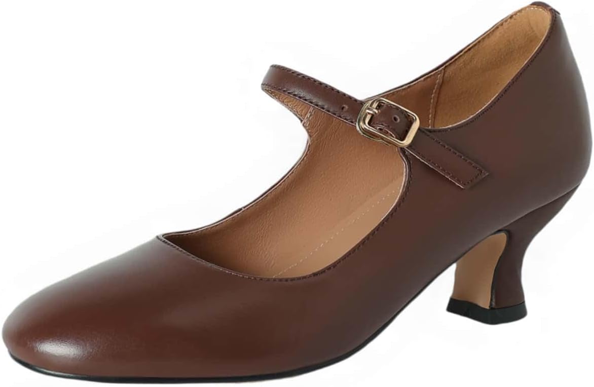 TinaCus Women's Mary Jane Shoes Genuine Leather Handmade Round Toe Adjustable Strap Pumps Daily Dress