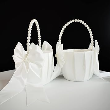 ATAILOVE Flower Girl Baskets Set of 4, Wedding Flower Baskets, Ivory | Pearl Handle, Flower Basket for Wedding