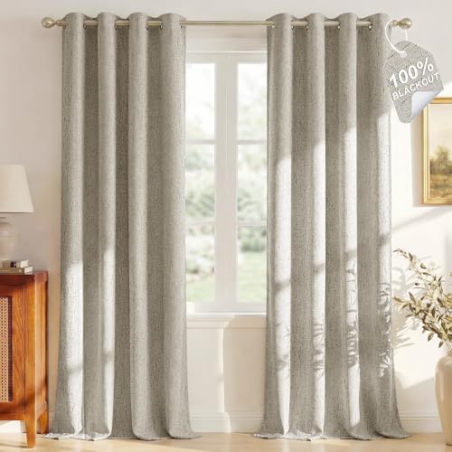 NICETOWN 100% Blackout Linen Beige Curtains 84 inches Long for Li...