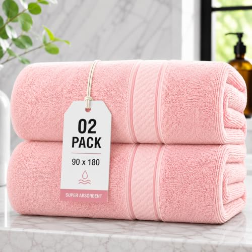 Image of ZZZMRH 2 Pack Jumbo Bath Sheets 90 x 180 cm, 100% Combed Cotton Extra Large Bath Towel Bale for Adults, Super Soft Thick Highly Absorbent Quick Dry Hotel Quality Towels – Pink