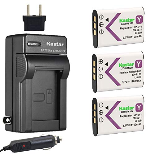 Kastar Battery 3X + Charger for NP-BY1 EN-EL11 LI-60B DLI-78 DB-L70 DB-80 Sony Action Cam Mini HDR-AZ1 Nikon Coolpix S550 S560 Olympus FE-370 Optio L50 M50 M60 V20 W60 W80 Ricoh R50 VPC-E10