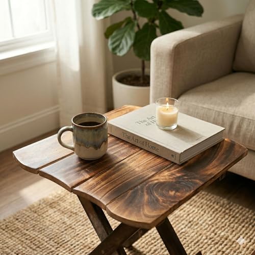 Image of Foldable Wooden Side Table for Living Room, Bedroom | Solid Wood End Table | Portable Coffee Table | Laptop Table | Bedside Table | Space Saving Small Table for Home, Balcony, Office (Rustic Finish)